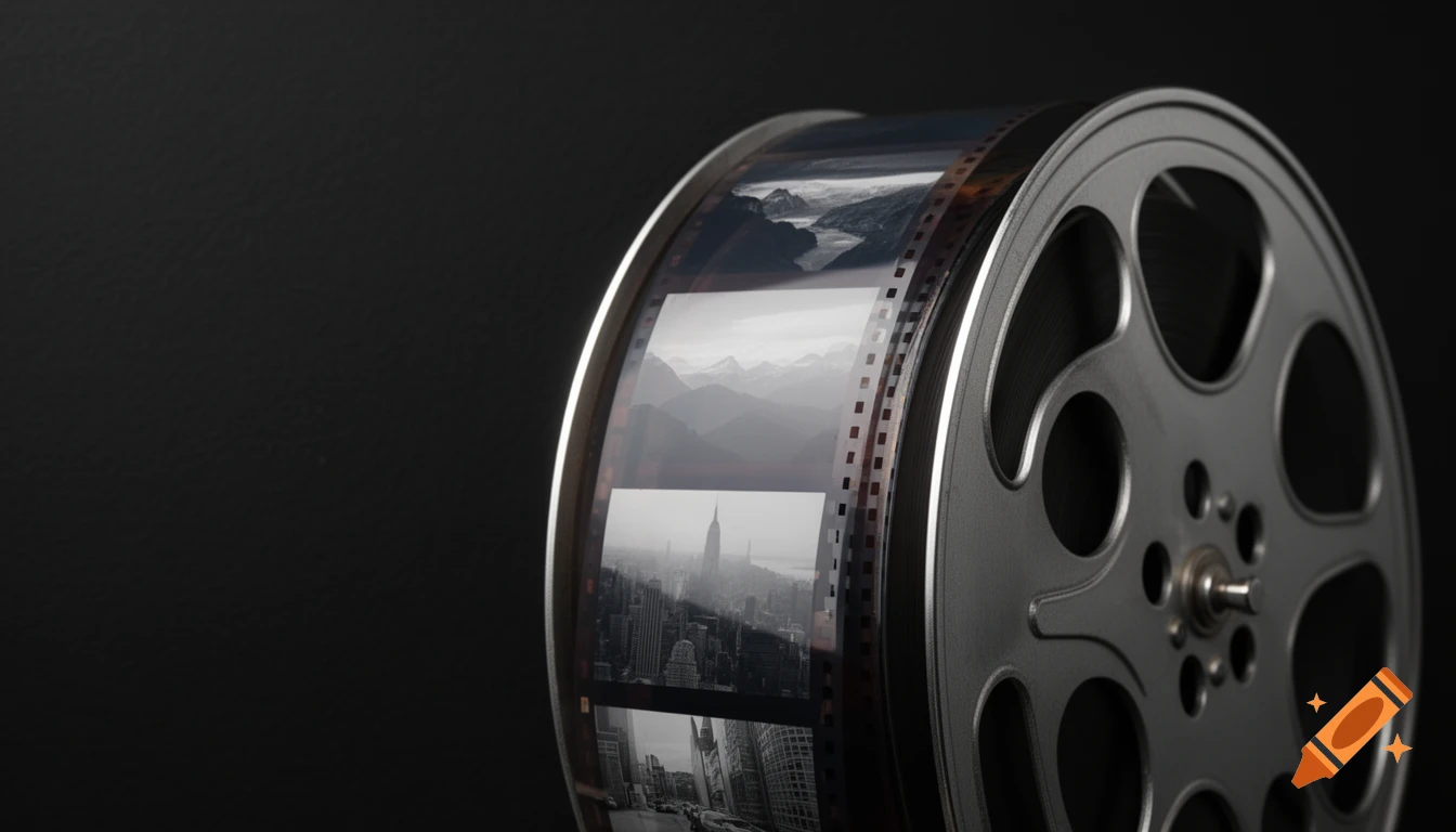 A photorealistic close-up of a silver film reel unspooling black and white frames of mountain landscapes and a city skyline.