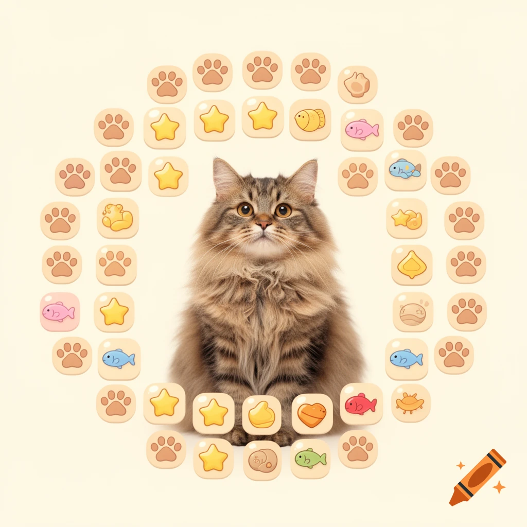 A fluffy brown cat sits, surrounded by a circular pattern of cartoon game icons including paw prints, stars, and fish.