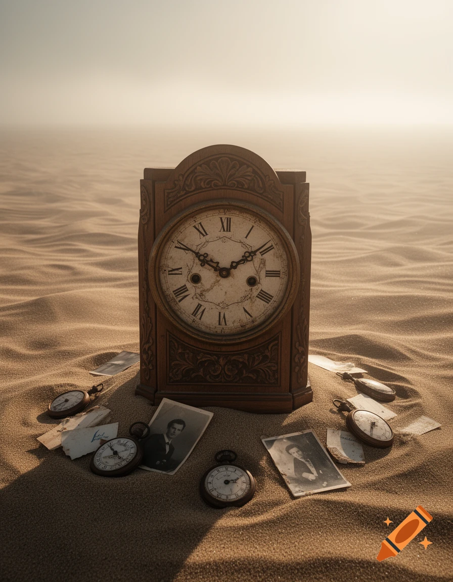 An antique wooden grandfather clock stands in a vast, misty desert, surrounded by old pocket watches, torn letters, and vintage photographs on the sand.