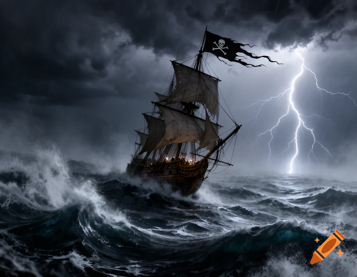 A pirate ship with a tattered skull and crossbones flag navigates a stormy, dark ocean with crashing waves and a lightning bolt.