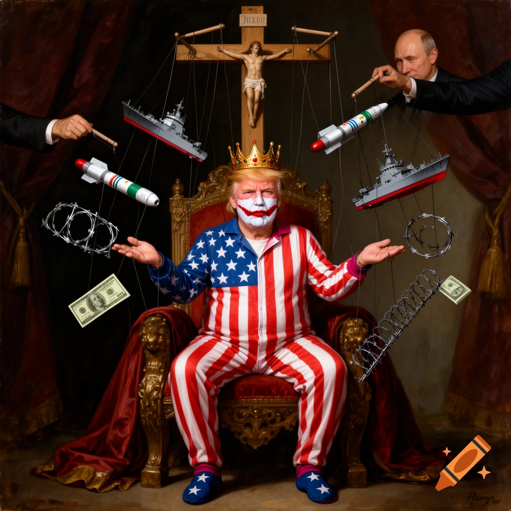A satirical Flemish painting depicts Donald Trump as a Joker-faced puppet in a US flag onesie and crown, on a throne. He juggles missiles, warships, barbed wire, and dollars, manipulated by strings held by Putin and an unseen hand.