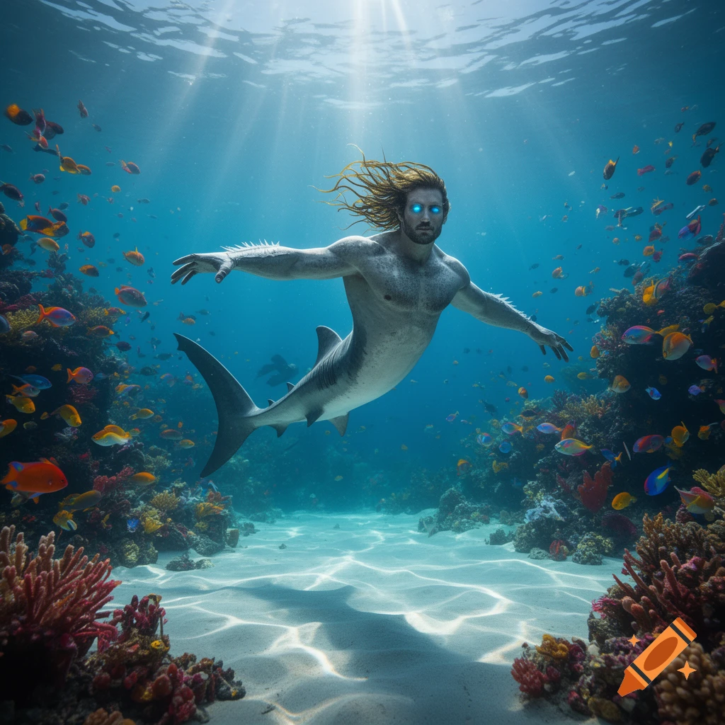 A male merman with a shark tail, long flowing hair, and glowing blue eyes swims among colorful fish and coral reefs underwater.