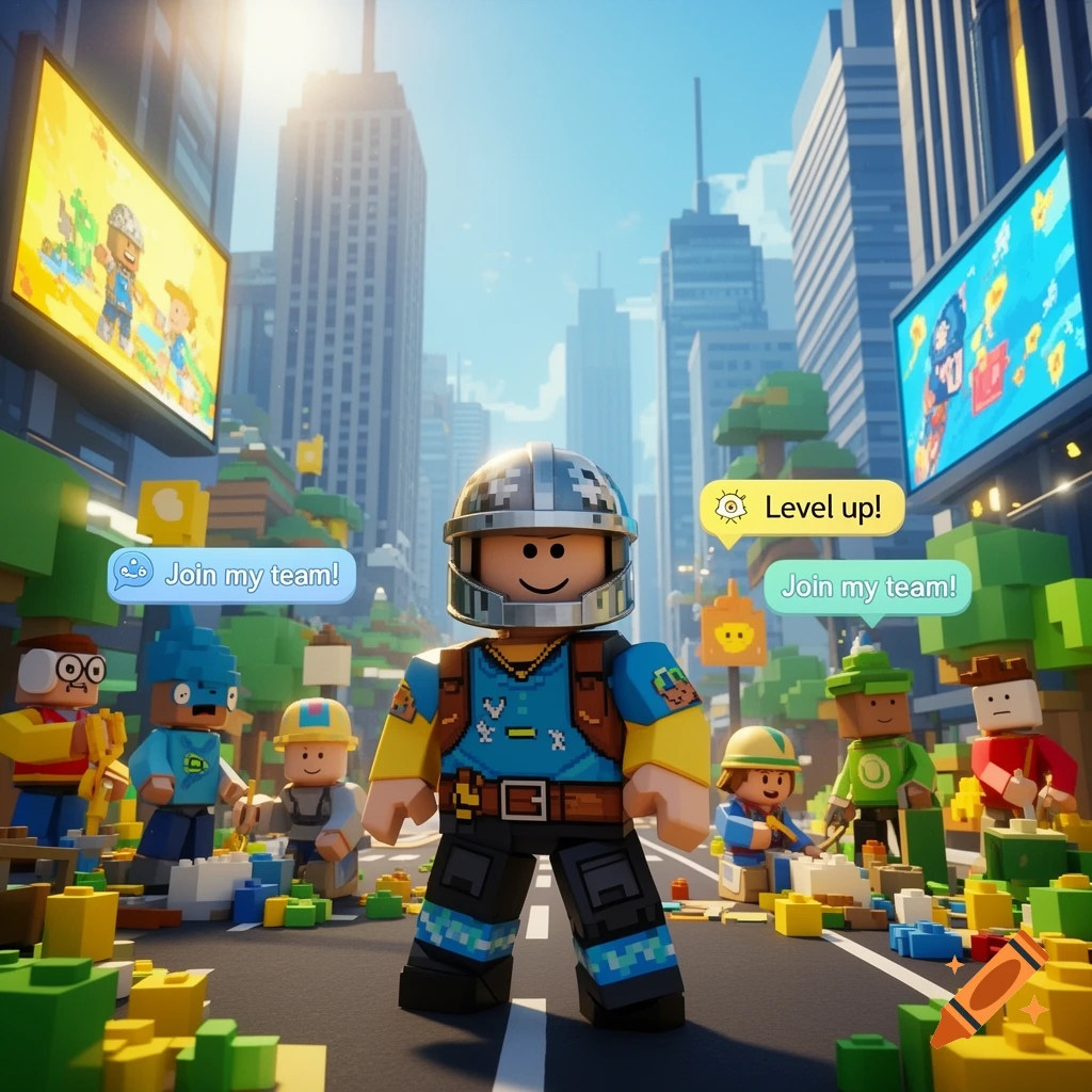 A block-style character in a silver helmet stands on a road, surrounded by other characters and building blocks in a cityscape with large display screens.
