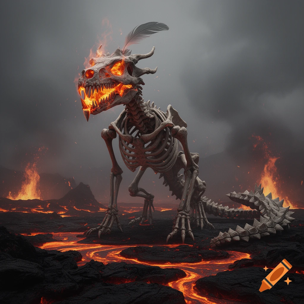 A skeletal dragon with fiery eyes, magma teeth, and a feather on its head stands in a volcanic landscape with flowing lava.