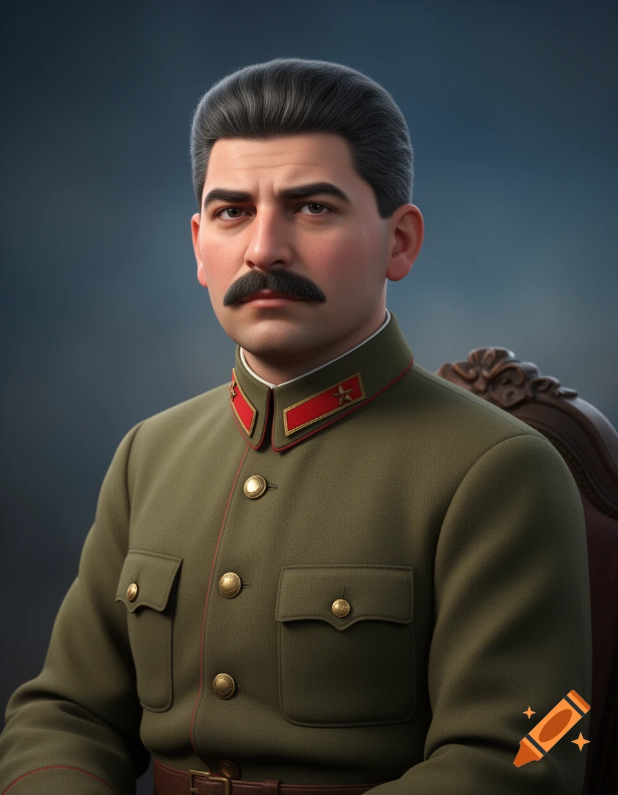 A 3D portrait of young Joseph Stalin in a green military uniform with a red collar and a mustache, against a dark background.
