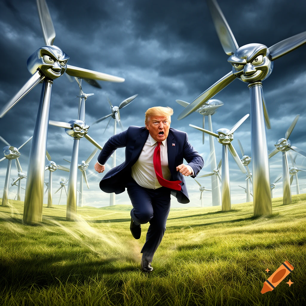 Donald Trump, terrified, runs through a grassy field pursued by angry, anthropomorphic 3D wind turbines under a stormy sky.