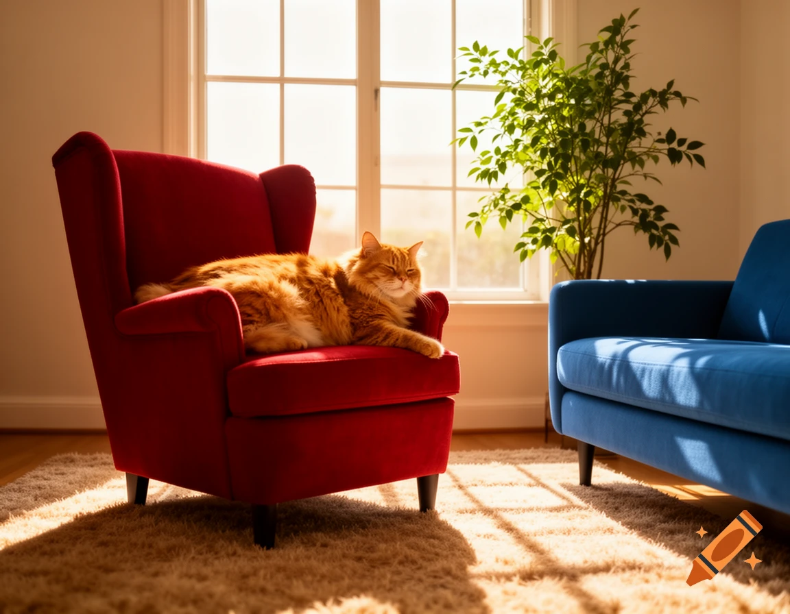 An orange cat rests on a red armchair in a sunlit living room with a blue couch and a plant by a large window.