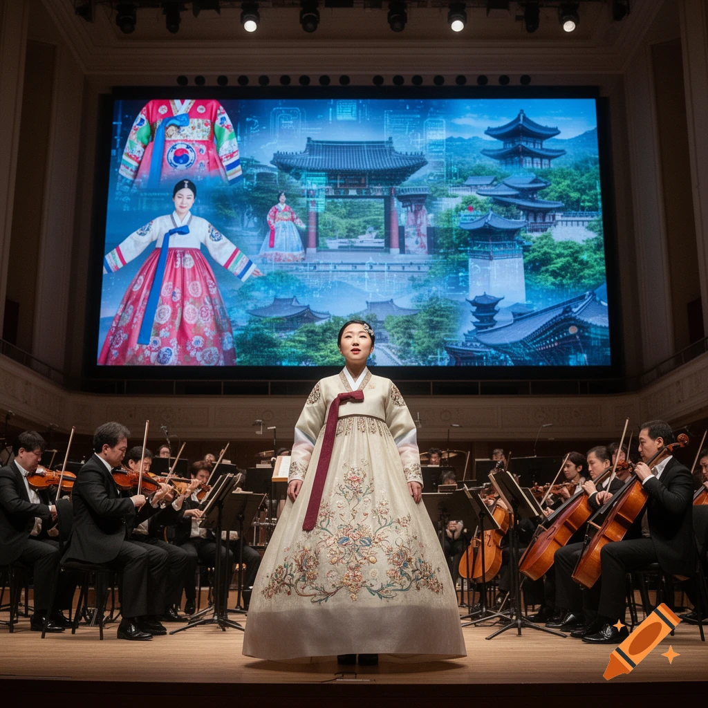 A Korean singer in a hanbok performs with a Western orchestra on stage; a screen behind displays traditional Korean architecture and clothing.