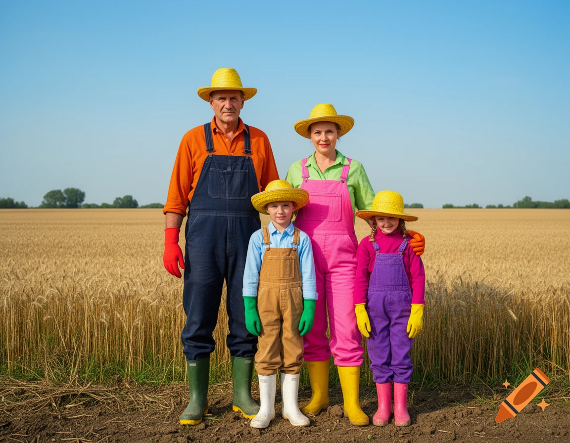 A diverse family of four, including two children, stands in a golden wheat field, dressed in colorful overalls and straw hats.