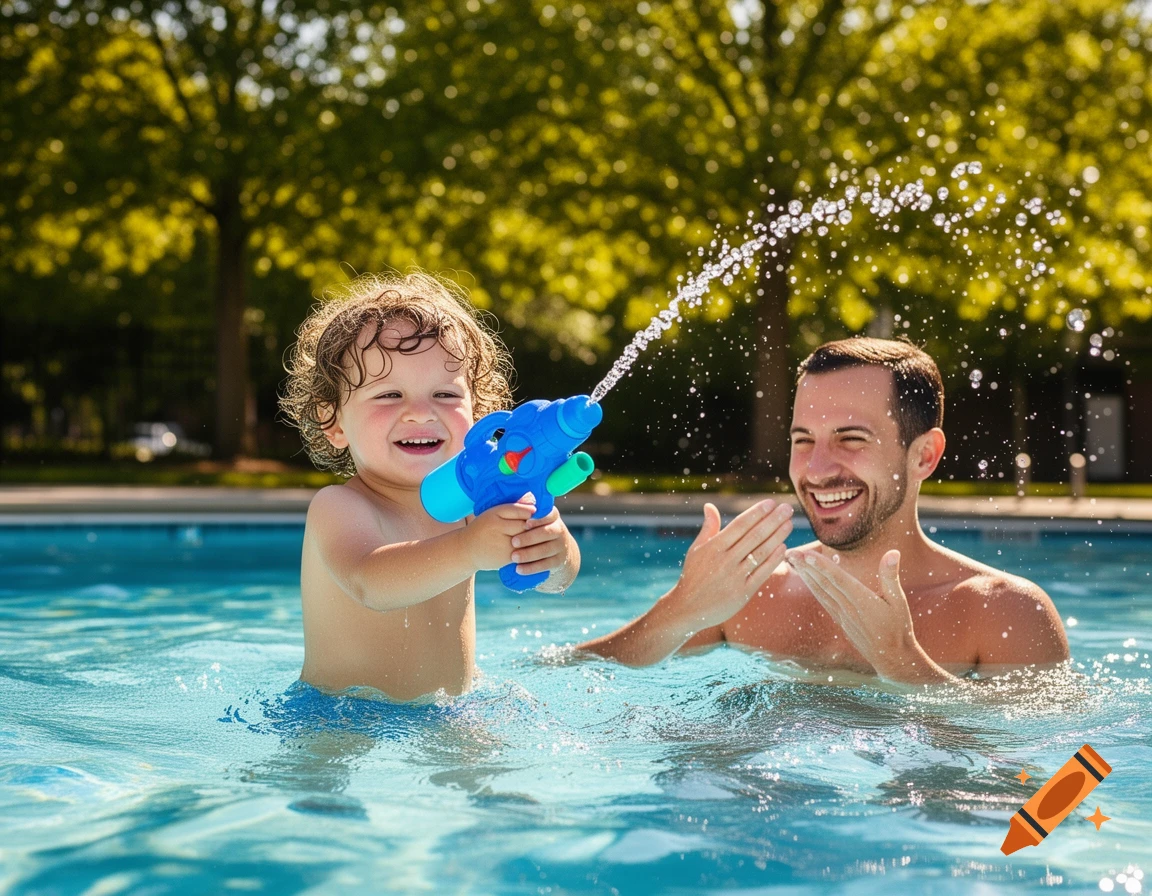A smiling young boy in a swimming pool shoots a water gun at a laughing man on a sunny day.