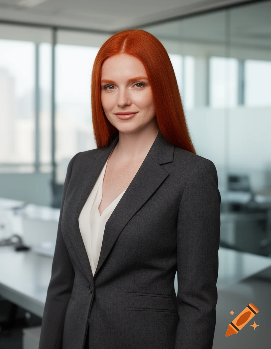 Photorealistic portrait of a smiling redhead woman in a dark business suit against a blurred modern office background.