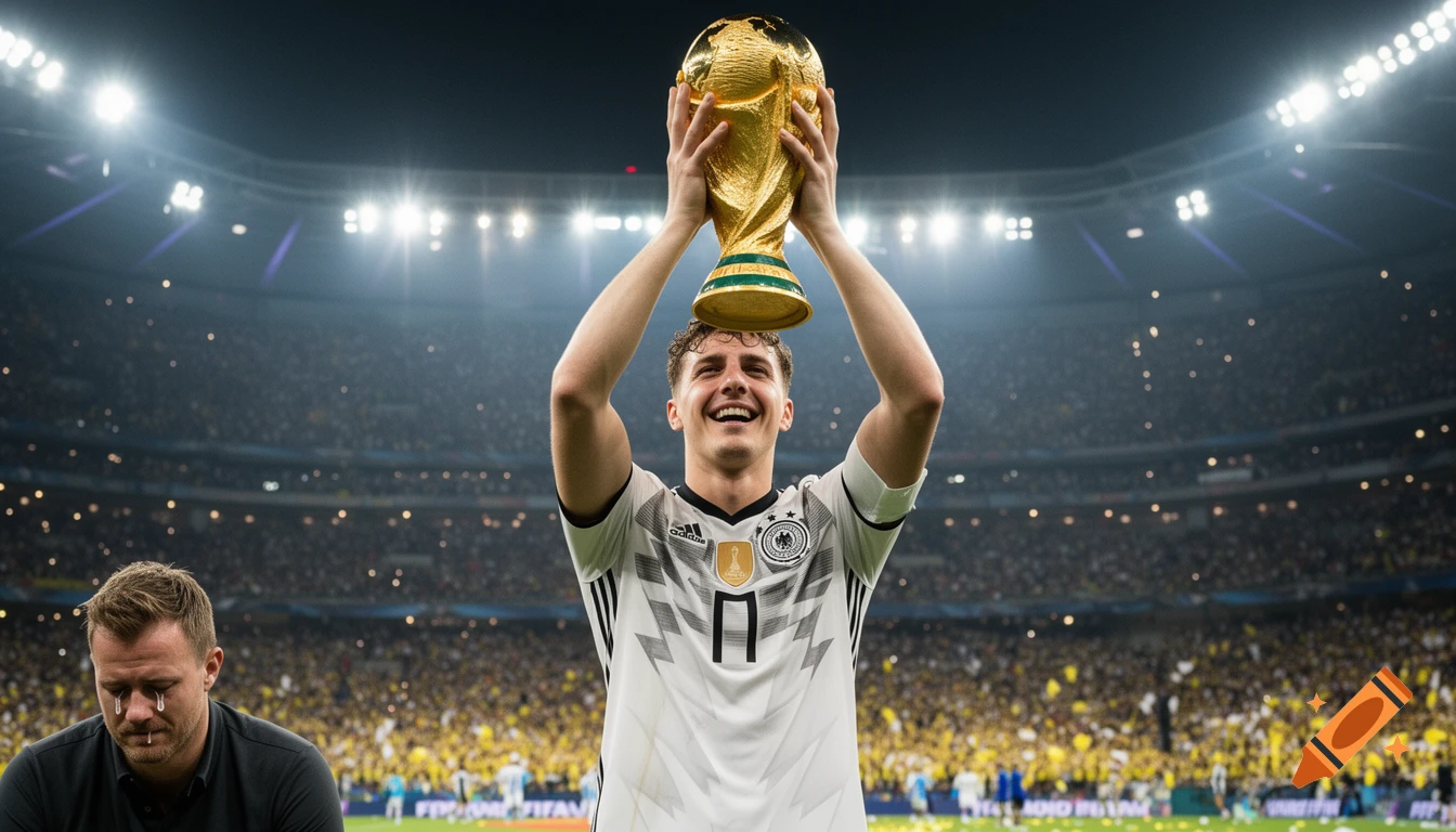 A smiling football player in a white German jersey raises the golden World Cup trophy in a packed stadium as another man cries nearby.