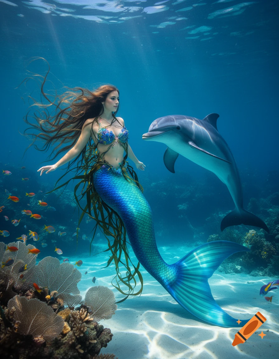 A beautiful mermaid with a blue tail and a dolphin swim gracefully in a clear blue ocean amidst coral reefs and colorful fish.