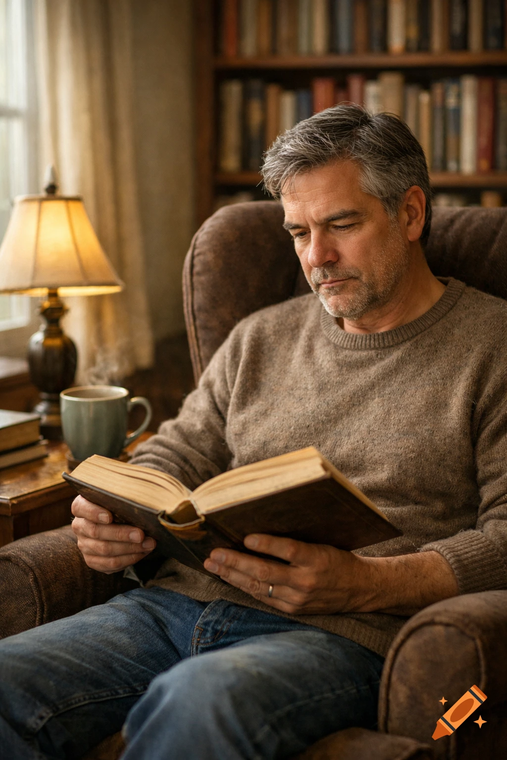 A man with gray hair and a beard sits in an armchair, reading an open book, next to a steaming mug and a lamp, with a bookshelf in the background.