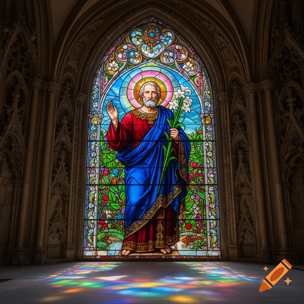 A vibrant stained glass window depicting a bearded man in red and blue robes holding white lilies, casting colorful light on a church floor.