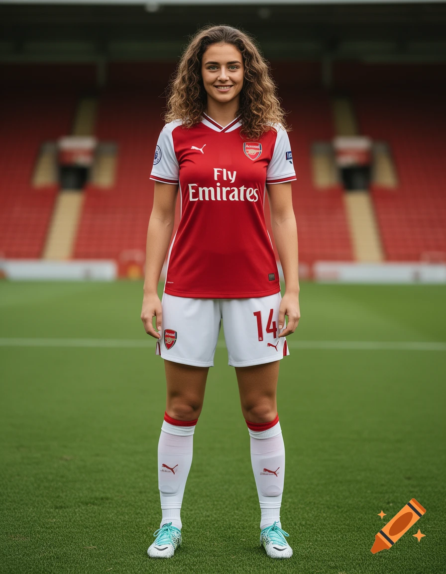 A young woman with curly brown hair in an Arsenal football kit, smiling on a green pitch with stadium seats in the background.
