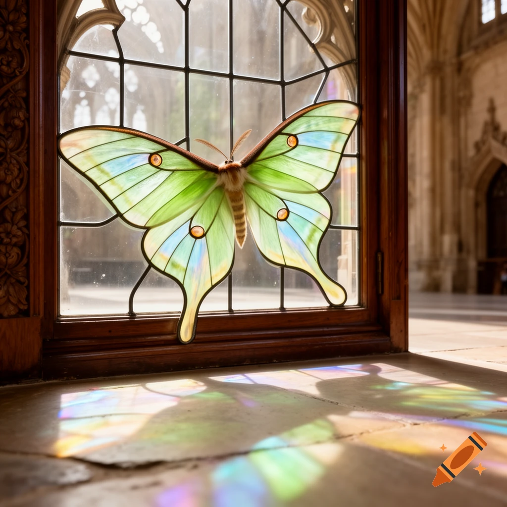 A stunning luna moth stained glass window within an ornate, sunlit cathedral, casting colorful reflections on the stone floor.