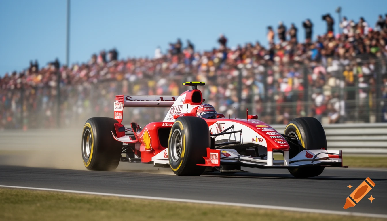 A red and white Formula 1 car races on a track, kicking up dust, with a blurred crowd in the background under a blue sky.