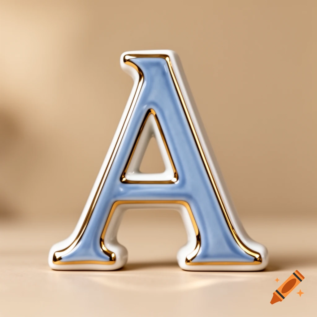 A light blue and gold-trimmed ceramic letter A stands on a beige surface.