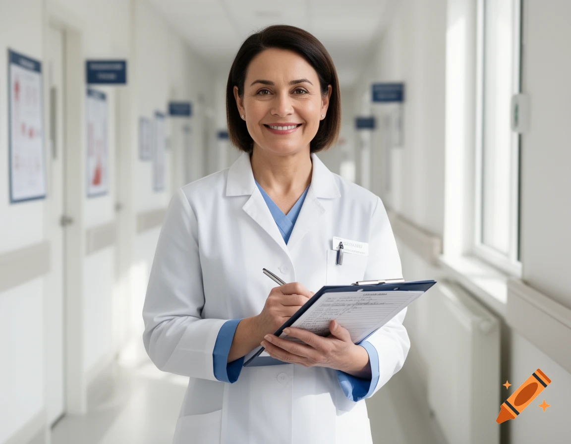 A smiling female doctor in a white lab coat and blue scrubs holds a clipboard and pen in a hospital hallway.