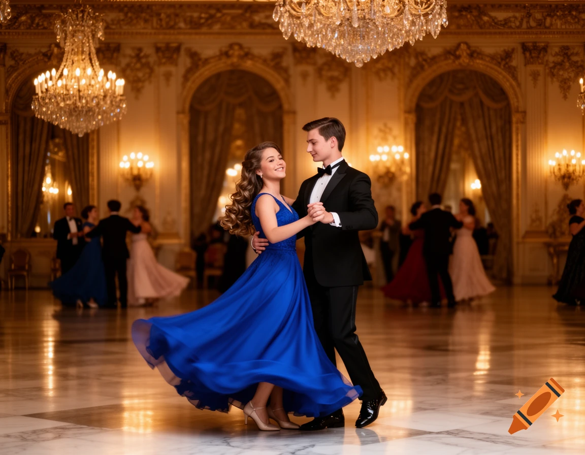 A young couple dances in a grand ballroom under sparkling chandeliers. The woman wears a flowing blue gown, the man a tuxedo.