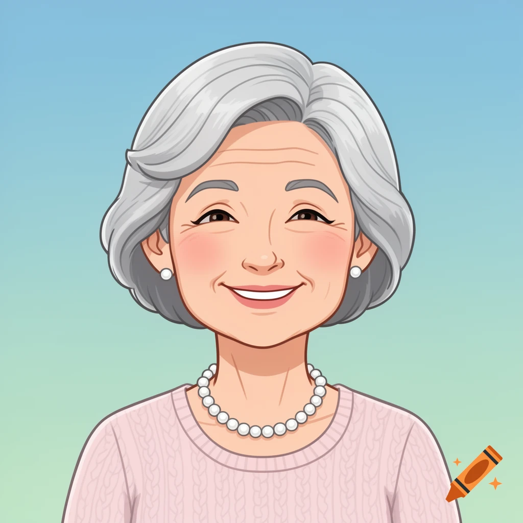 Cartoon avatar of a smiling elderly woman with gray hair, wearing a pink sweater and pearl necklace against a blue-green background.