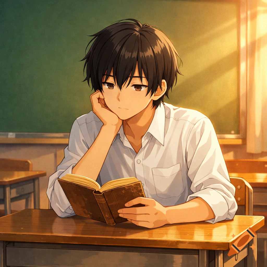 Anime teenage student reading a book at a desk in a classroom, head resting on hand.