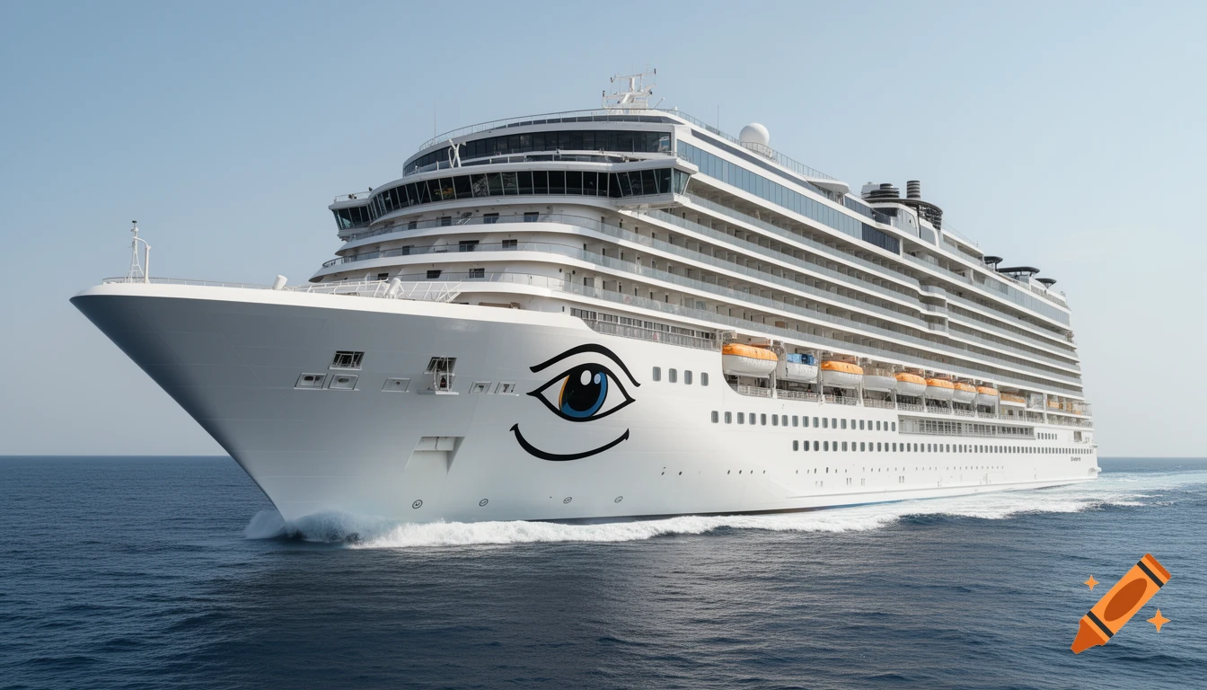 A photorealistic view of a large, white cruise ship with a blue eye logo on its bow, sailing on blue water.