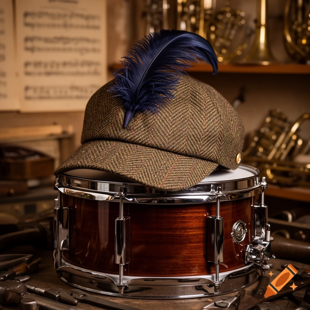 A tweed hunter's cap with a dark blue plume rests on a wooden snare drum in a music workshop.