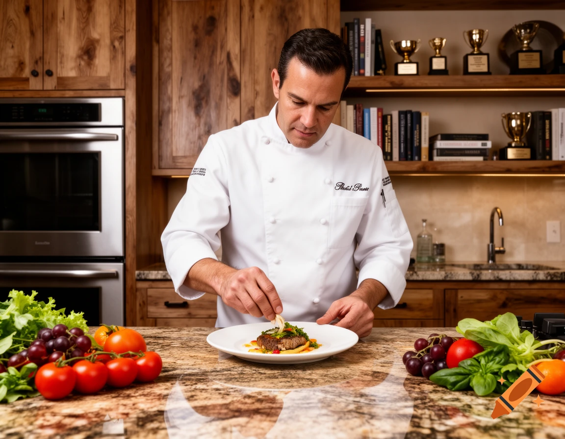 A male chef in a white uniform meticulously plates a gourmet dish on a white plate in a rustic-modern kitchen.