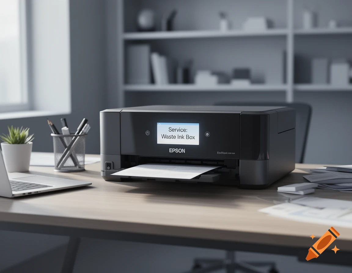 A black Epson EcoTank printer on a wooden desk displays 'Service: Waste Ink Box' on its screen in an office setting.