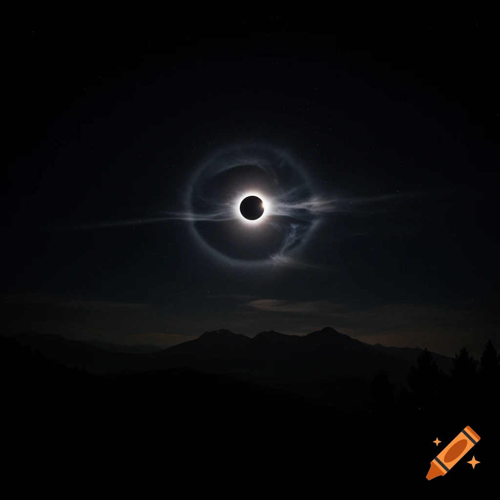 Total solar eclipse with bright corona and swirling clouds above dark mountain silhouettes against a starry night sky.