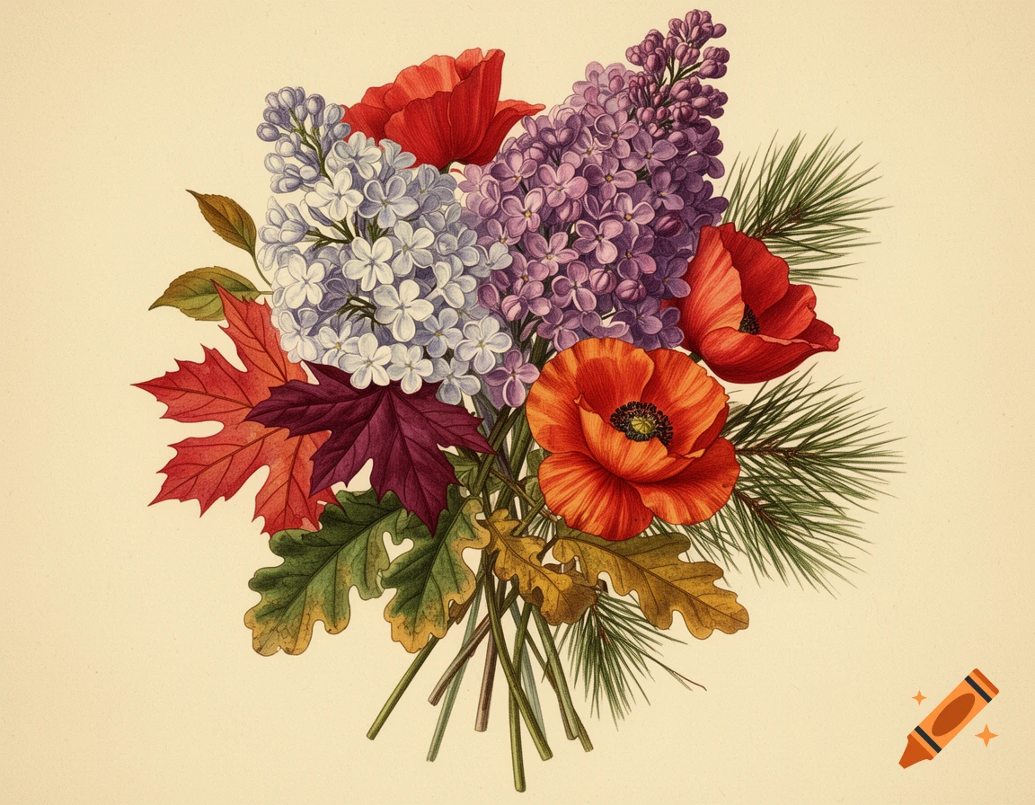 A vintage botanical illustration of a bouquet with light blue and purple lilacs, red poppies, red maple leaves, oak leaves, and pine needles.