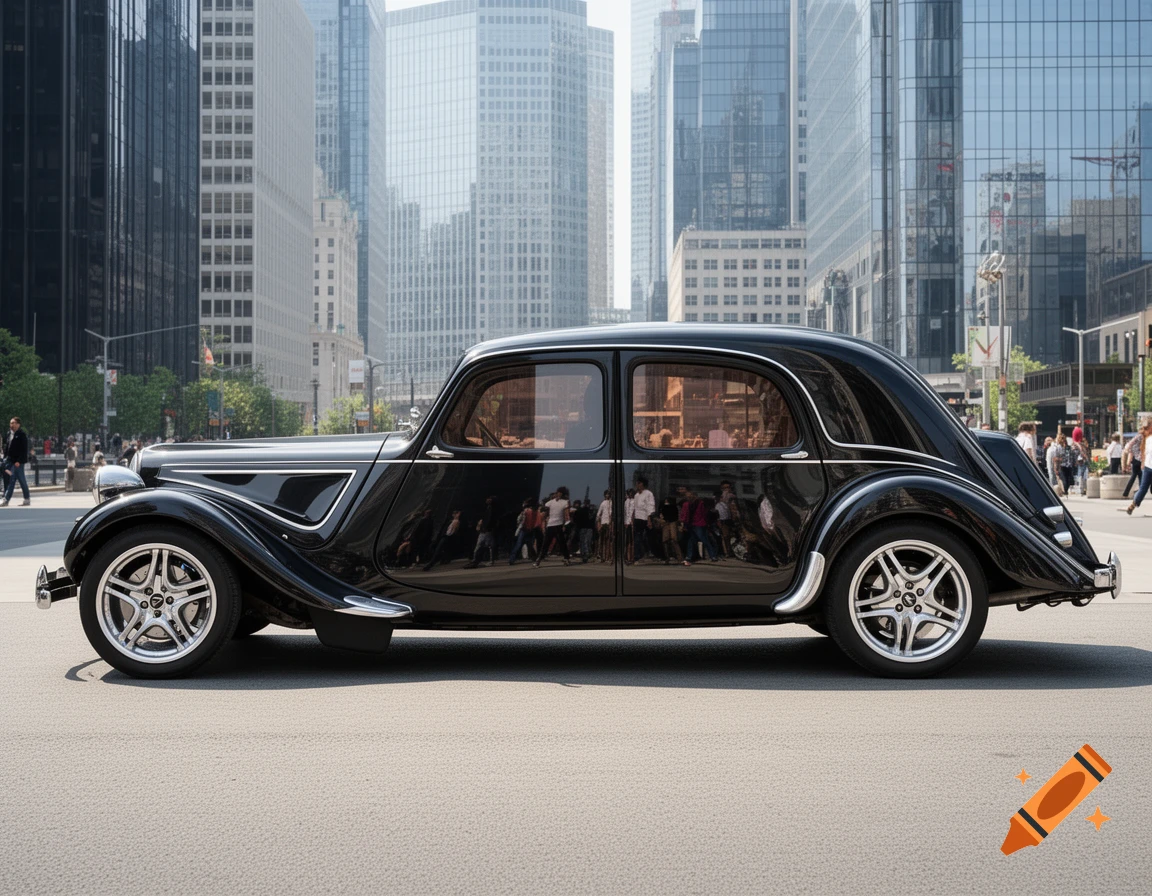 A shiny black vintage-style car with modern chrome wheels parked on a city street, with glass skyscrapers in the background.