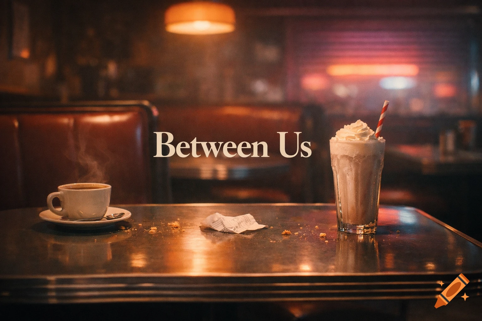 Cinematic shot of a retro diner table with a steaming coffee cup and a milkshake, with text 'Between Us'.