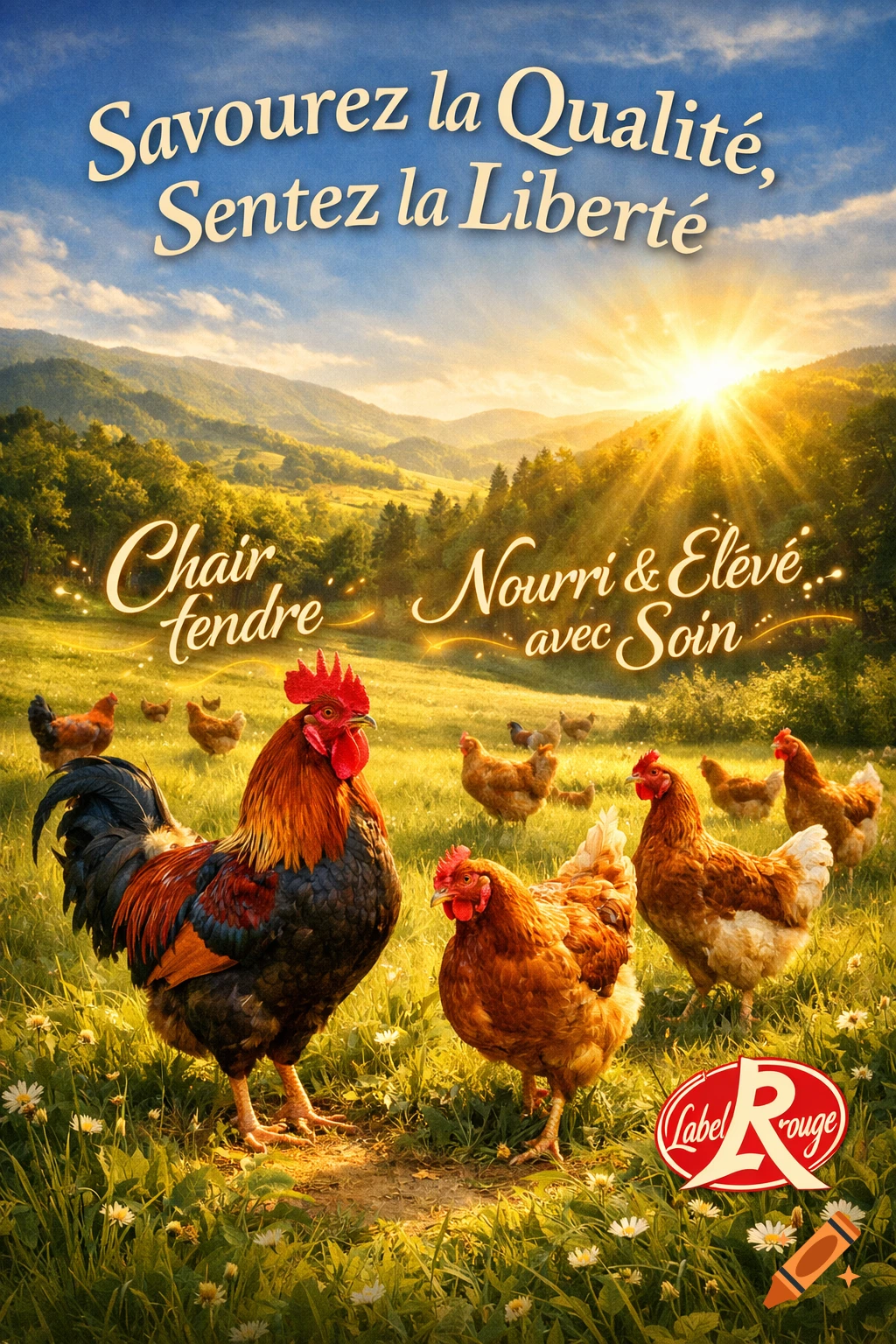 A vibrant advertisement shows a rooster and hens in a sunny, green mountain pasture, with French text promoting quality and the 'Label Rouge' logo.