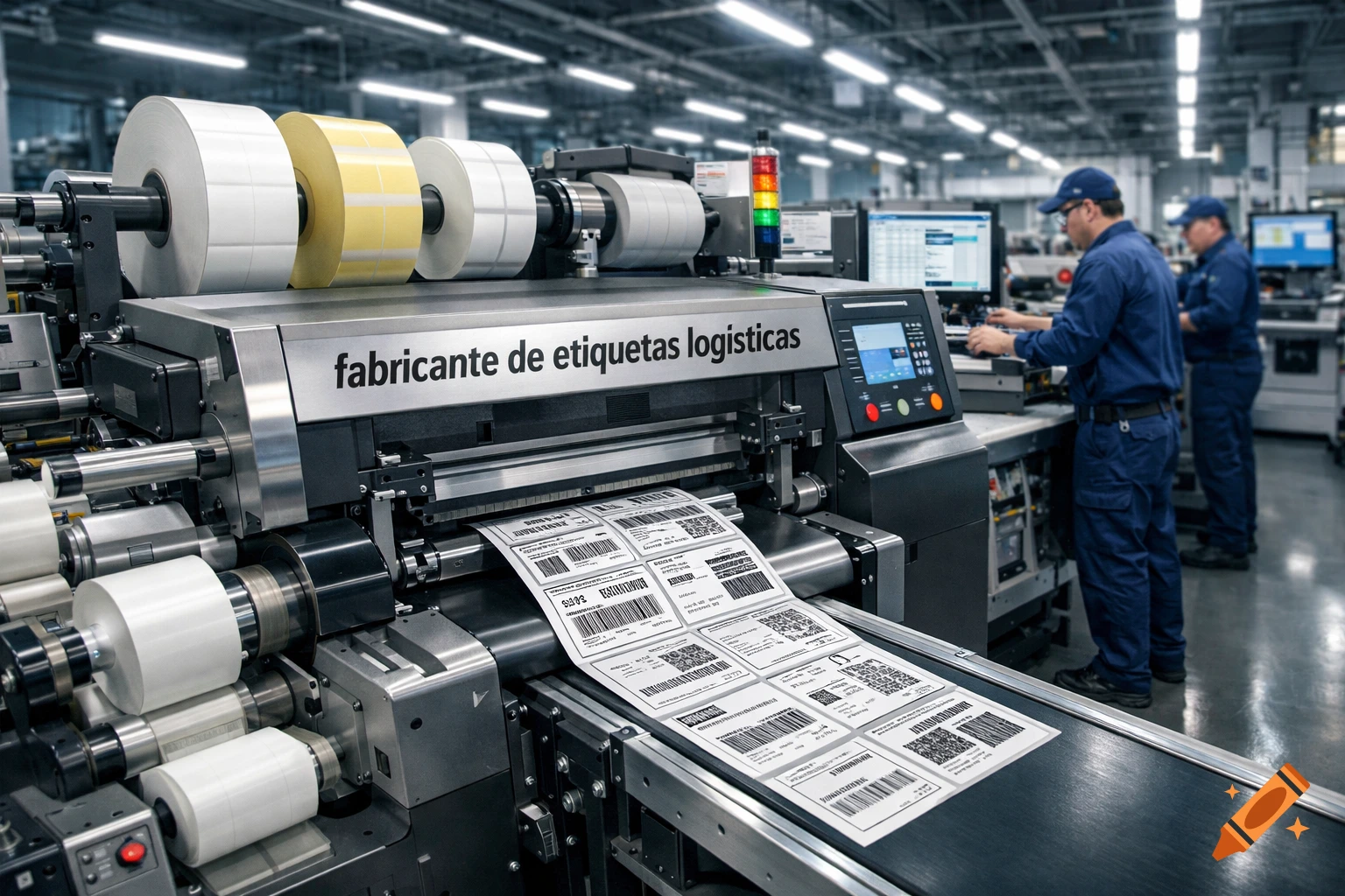 A photorealistic image of a large industrial machine printing rolls of logistic labels in a factory, with workers operating computers in the background.