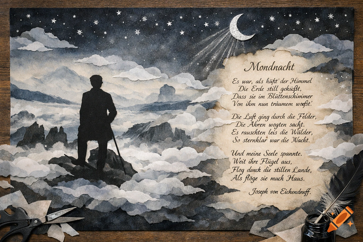 A paper collage features a man's silhouette gazing at a cloudy, mountainous landscape under a starry night sky with a crescent moon. A German poem titled "Mondnacht" by Joseph von Eichendorff is on the right.