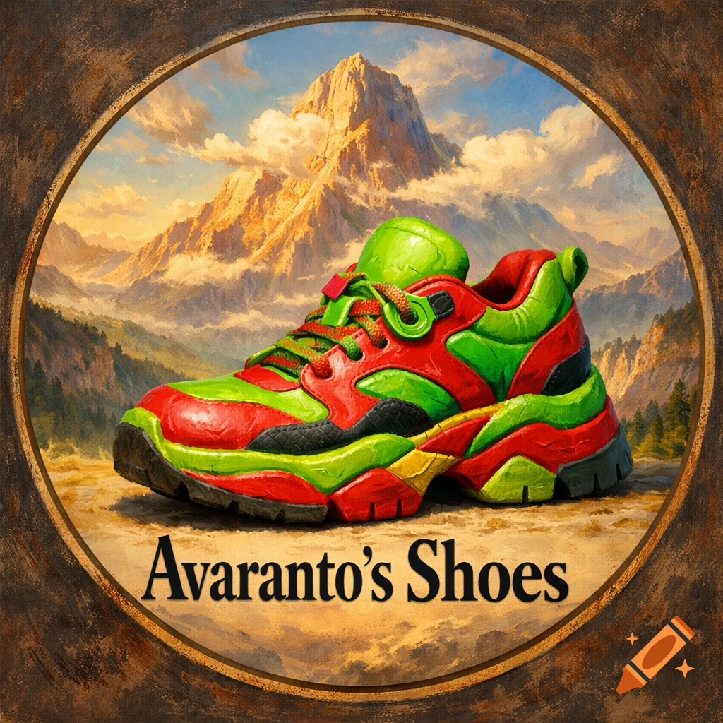 A red and green shoe in a circular, painterly frame with majestic mountains in the background and 'Avaranto’s Shoes' text.