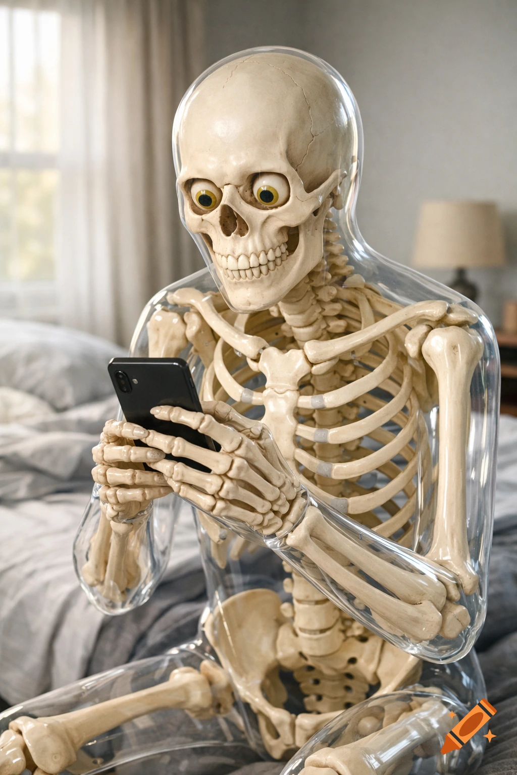 A photorealistic skeleton with a translucent body sits on a bed, intently gazing at a smartphone.