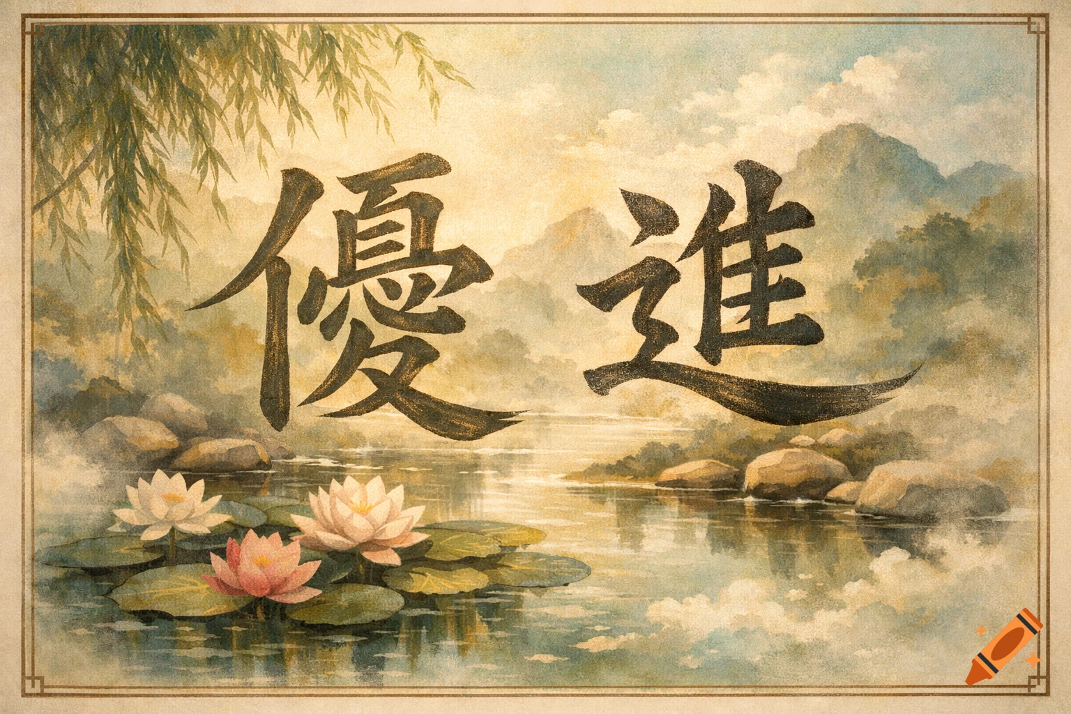 Calligraphy for the Chinese characters 優 and 進 over a serene watercolor landscape with water lilies and distant mountains.