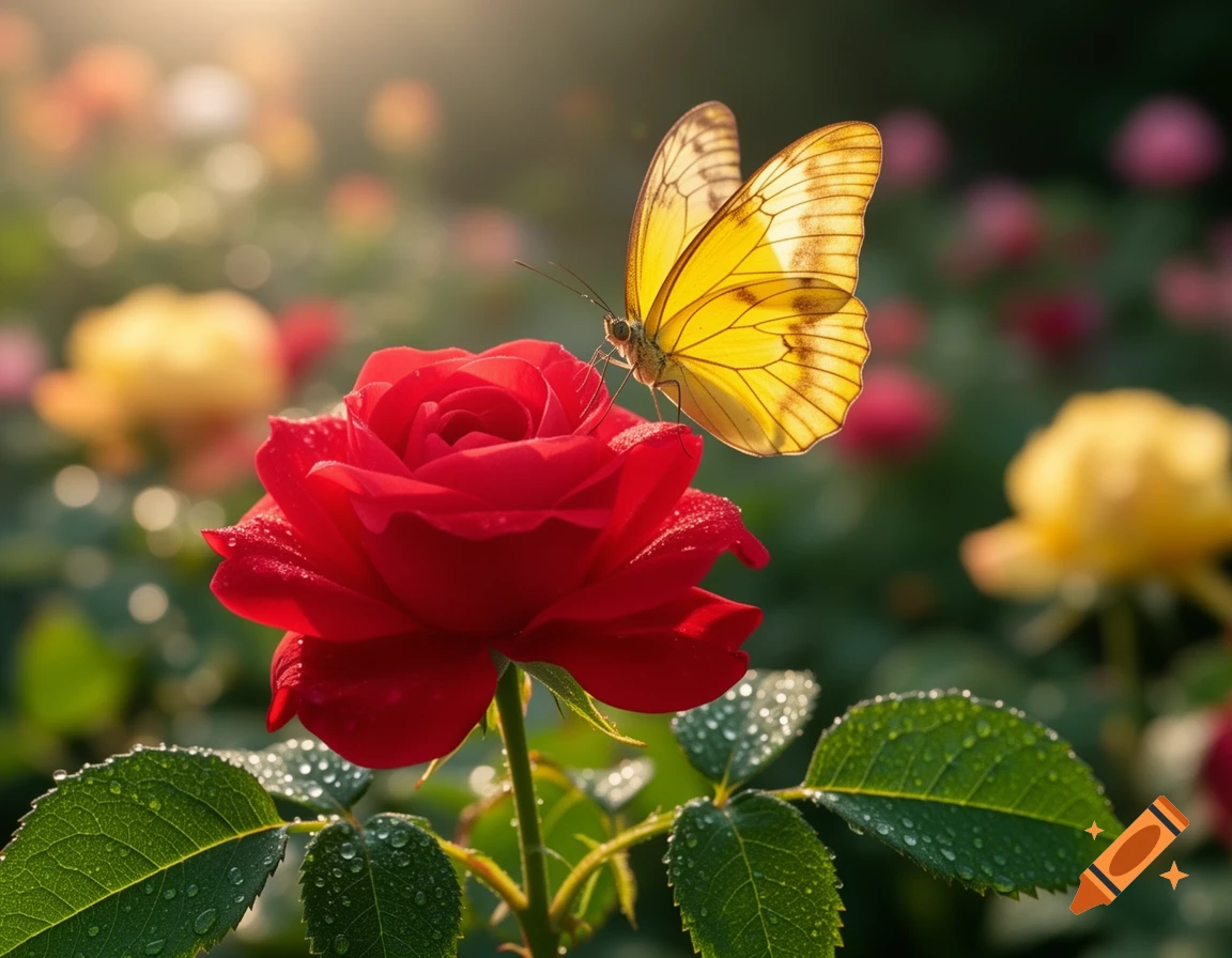 A vibrant yellow butterfly rests on a dew-covered red rose in a sunlit garden, with other flowers blurred in the background, photorealistic style.