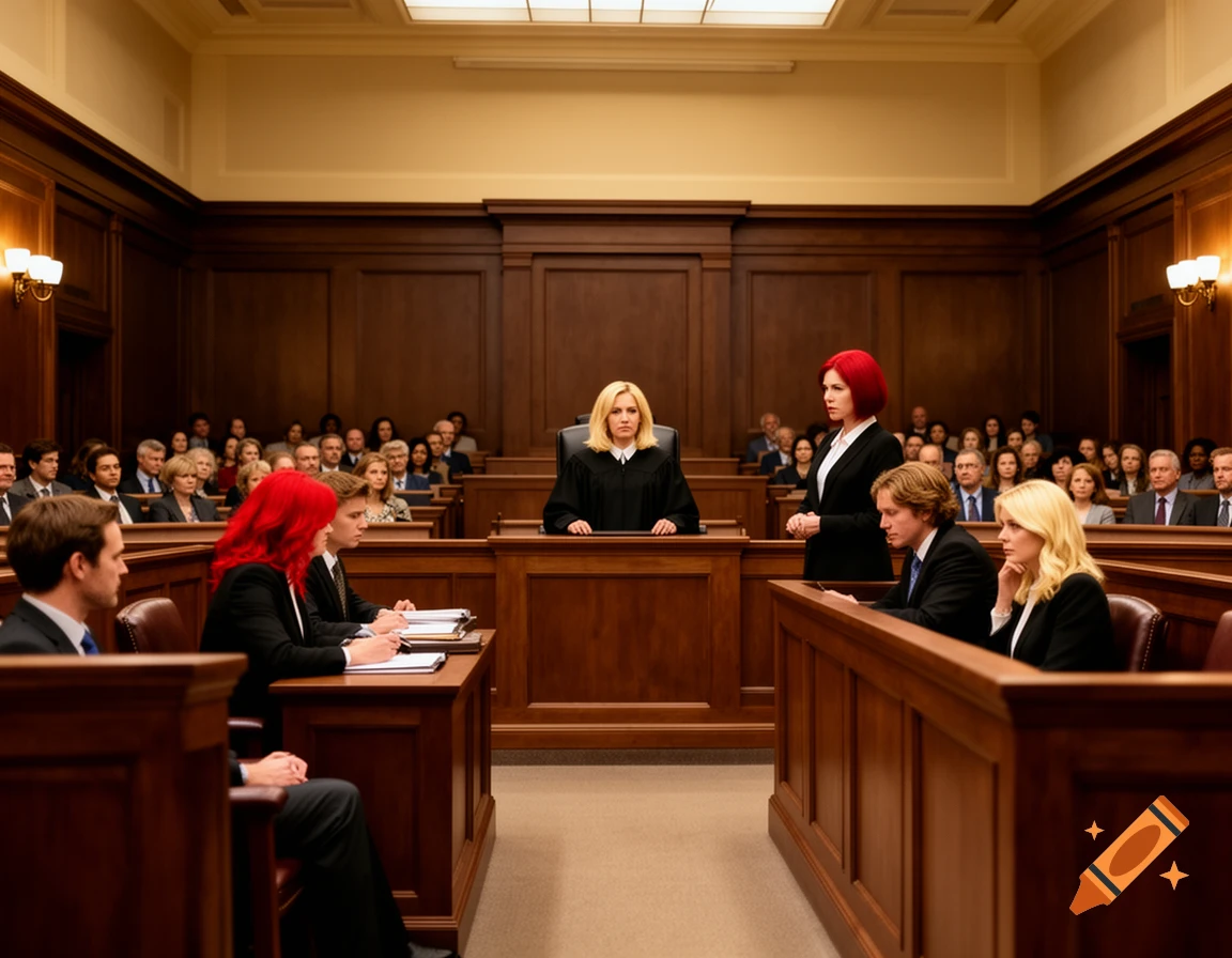 A full shot of a busy courtroom with a judge, a red-haired female prosecutor, and several other people in legal proceedings. The judge has blonde hair and wears a black robe.