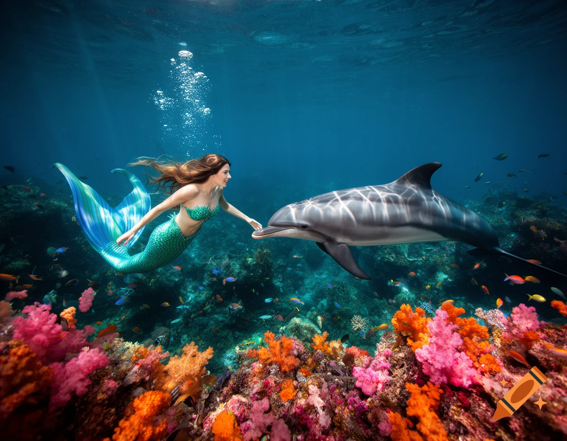 A photorealistic mermaid with a green tail and top interacting with a dolphin in a vibrant coral reef.