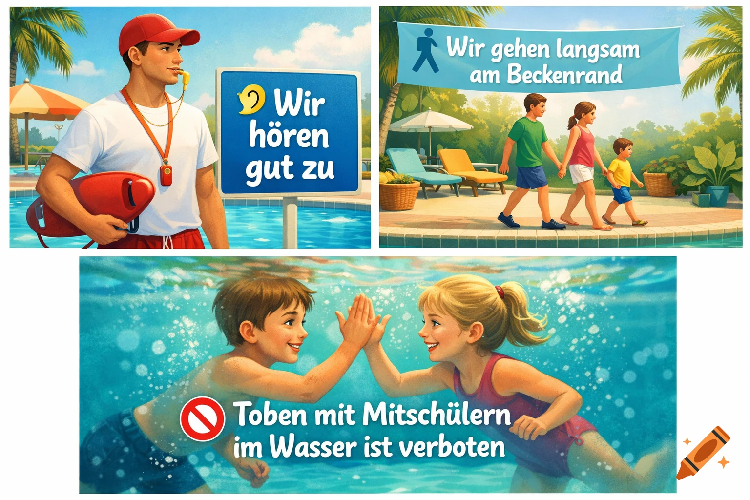 A cartoon-style image showing three swimming pool safety rules: a lifeguard by a sign about listening, a family walking slowly by the pool, and two children swimming with a sign prohibiting roughhousing.