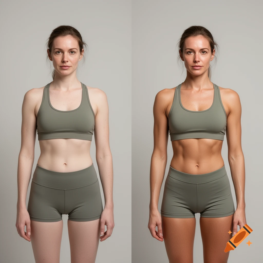 Side-by-side comparison of a woman in a sports bra and shorts, showing a softer physique on the left and a more toned physique on the right.