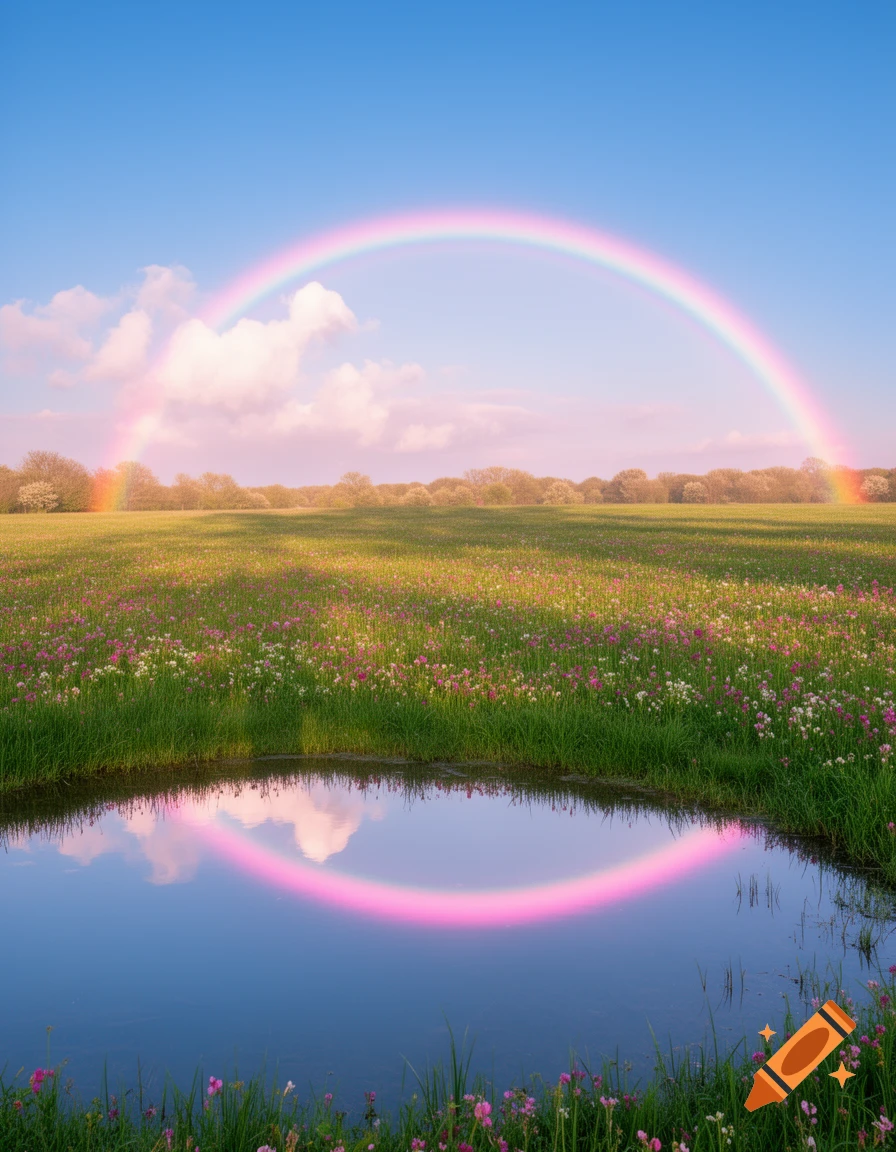 Photorealistic landscape with a pink rainbow arching over a wildflower field and reflecting in a serene pond.