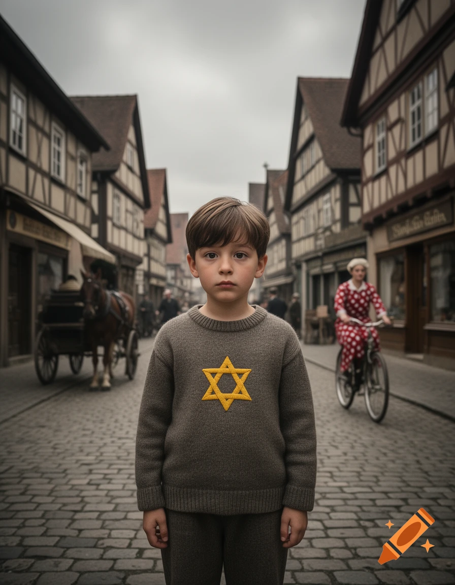 A solemn boy with a yellow Star of David on his sweater stands on a cobblestone street in a 1940s German town.