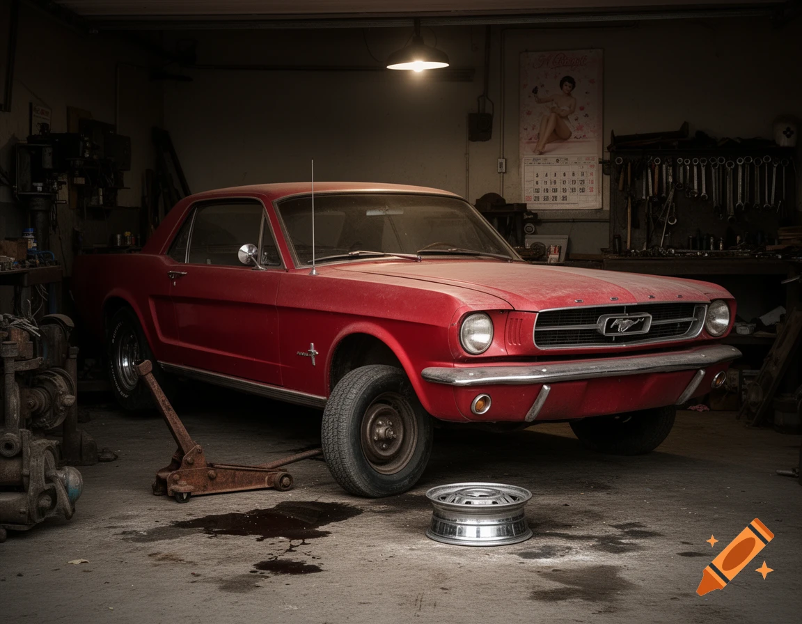 A dusty red vintage Ford Mustang is jacked up in a cluttered garage, with a wheel lying on the oil-stained concrete floor. Photorealistic.