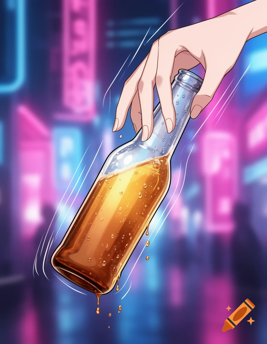 Anime drawing of a woman's hand holding an upside-down beer bottle with dripping liquid against a blurred neon city background.